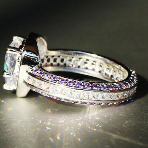 925 Princess Cut 3.8 CT Purple CZ Heart Ring - Picture 8 of 9